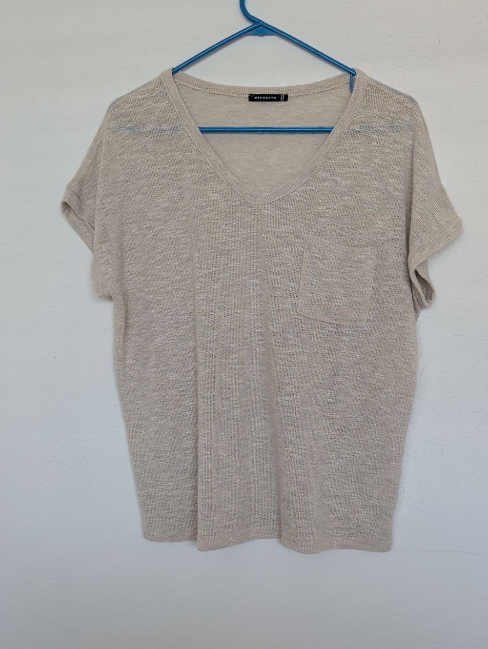 Beige V-Neck Knit Short Sleeve Tee